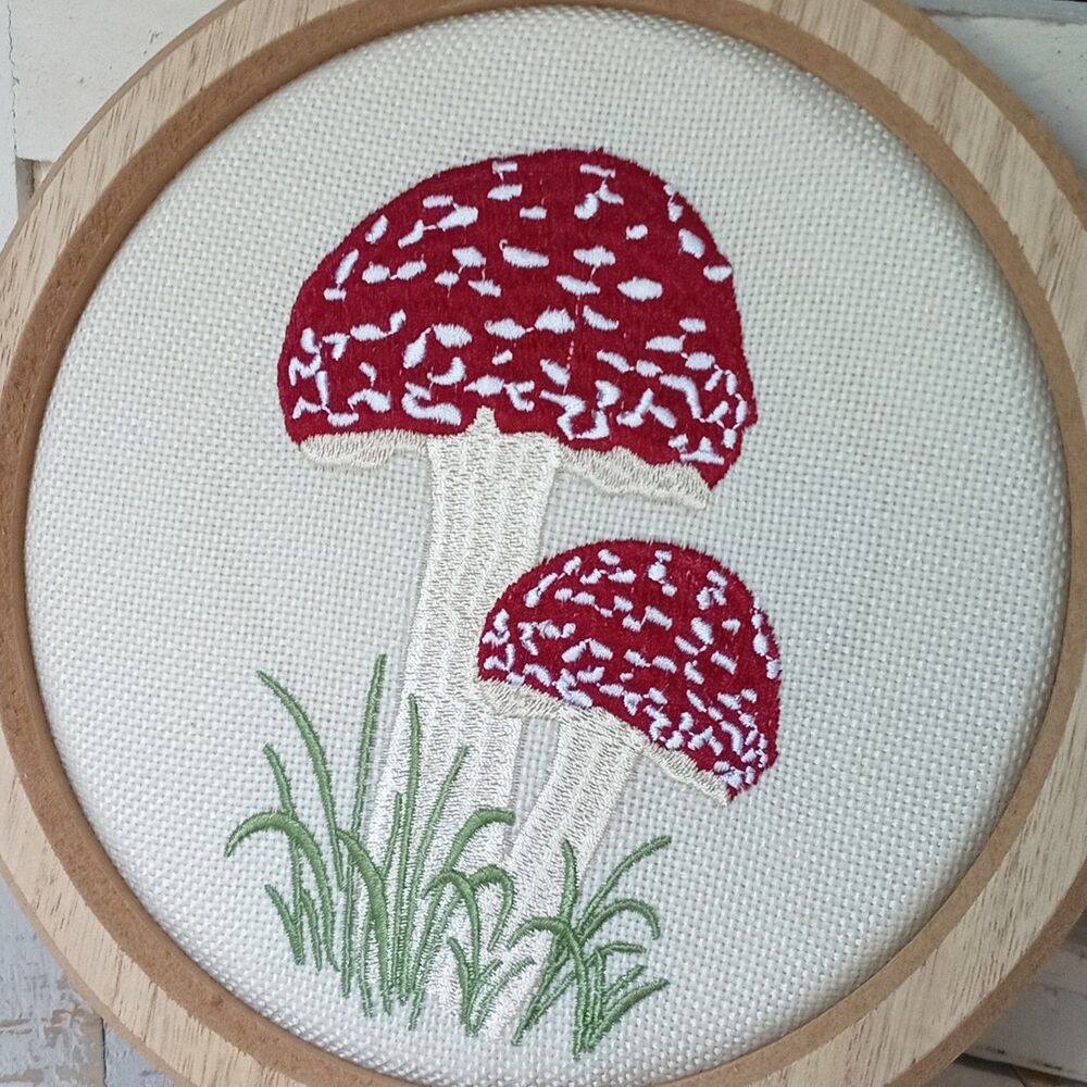 Embroidery Mushroom Wall Art 7.75" Hoop Red Topped Fugus Cottagecore Grannycore